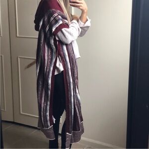 Somedays Lovin maroon white striped lightweight knit open front long cape duster